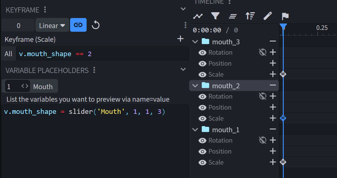 Face rig setup, including scale keyframes and a variable placeholder slider